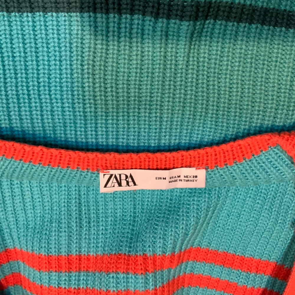 Zara Women’s Medium Block Striped Crochet Halter Crop Tank Top-Teal white Orange - Picture 3 of 10